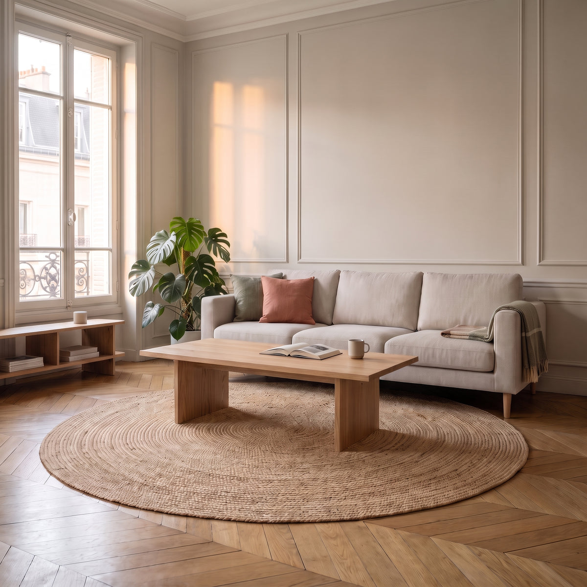 Tapis rond en sisal camel foncé sous une table basse