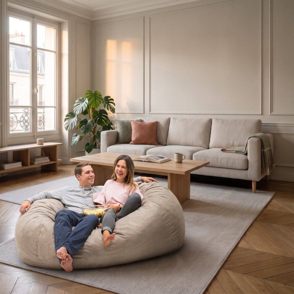 Housse de pouf immense crème posée au sol du salon
