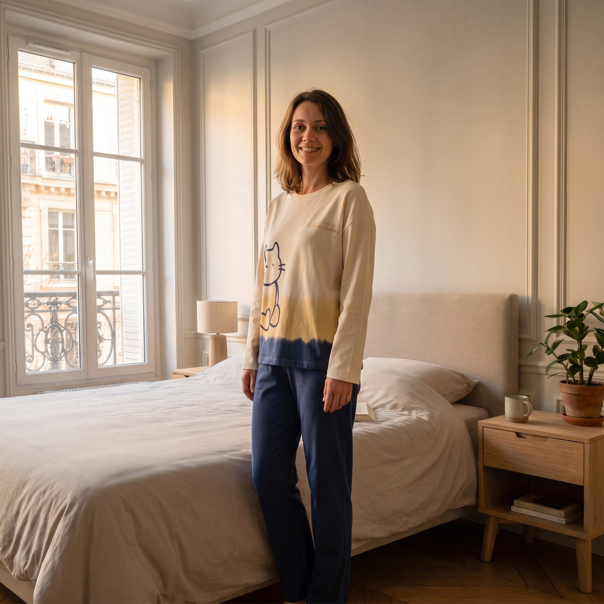 Pyjama deux pièces coton à motif chat porté
