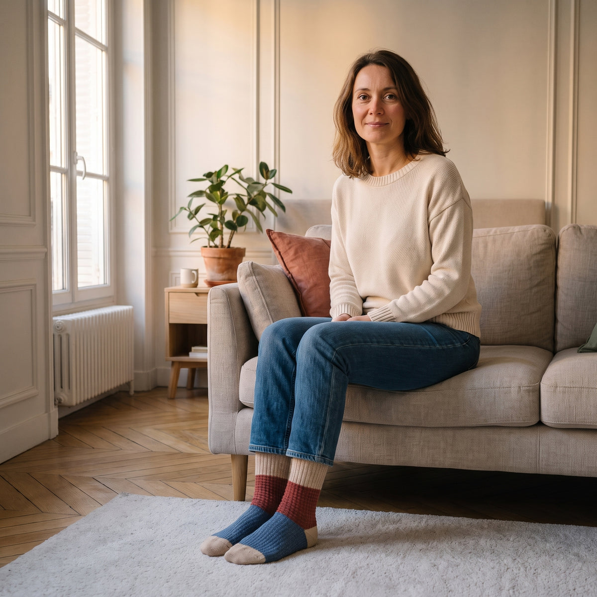Chaussettes tricolores écru moutarde et anthracite portées aux pieds dans une chambre
