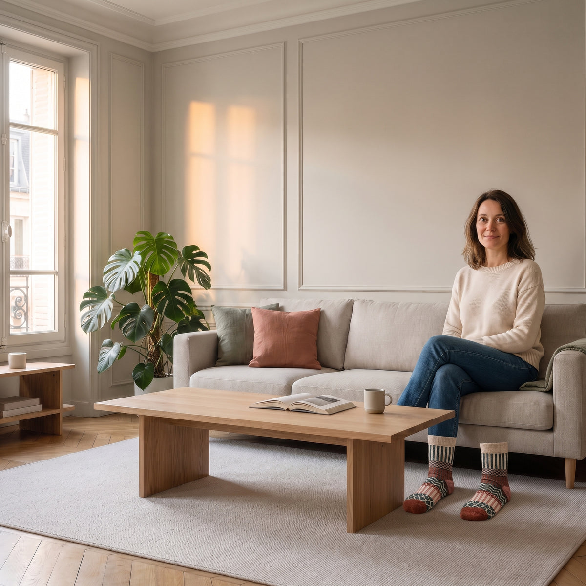 Chaussettes chaudes motif écru, vert et terracotta portées par une femme