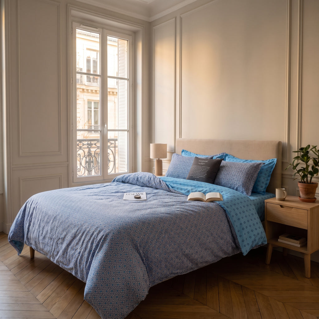 Housse de couette motif formes bleues sur un lit fait