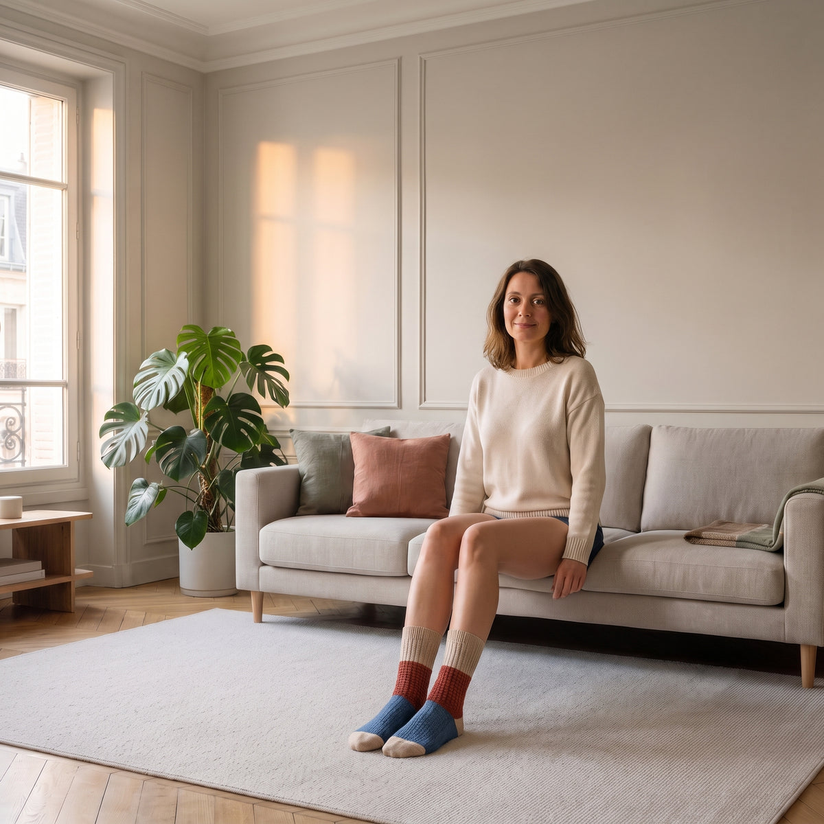 Chaussettes tricolores framboise bleu et écru portées aux pieds dans le salon