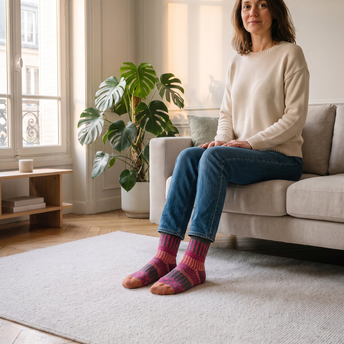 Chaussettes chaudes motif framboise et vert portées par une femme