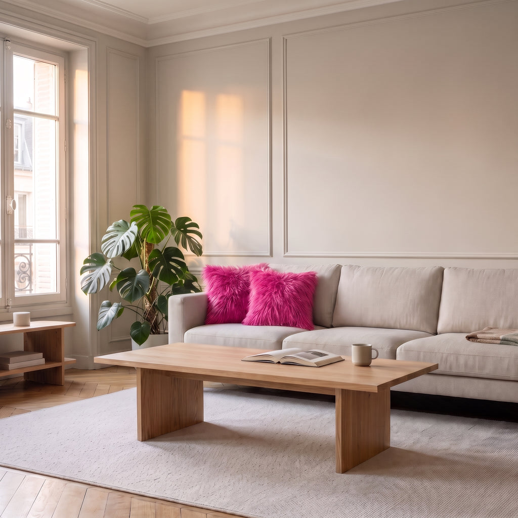 Housse de coussin en fausse fourrure fuchsia