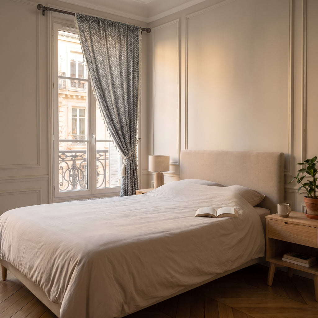 Rideau à motif chevron gris bleuté ouvert sur un côté, la lumière du jour filtre à travers le tissage