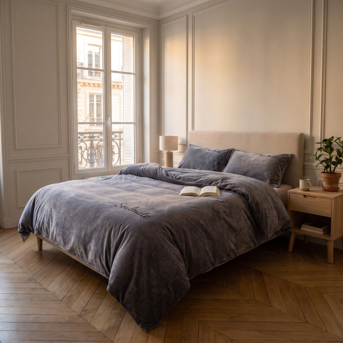 Housse de couette imitation velours gris bleu