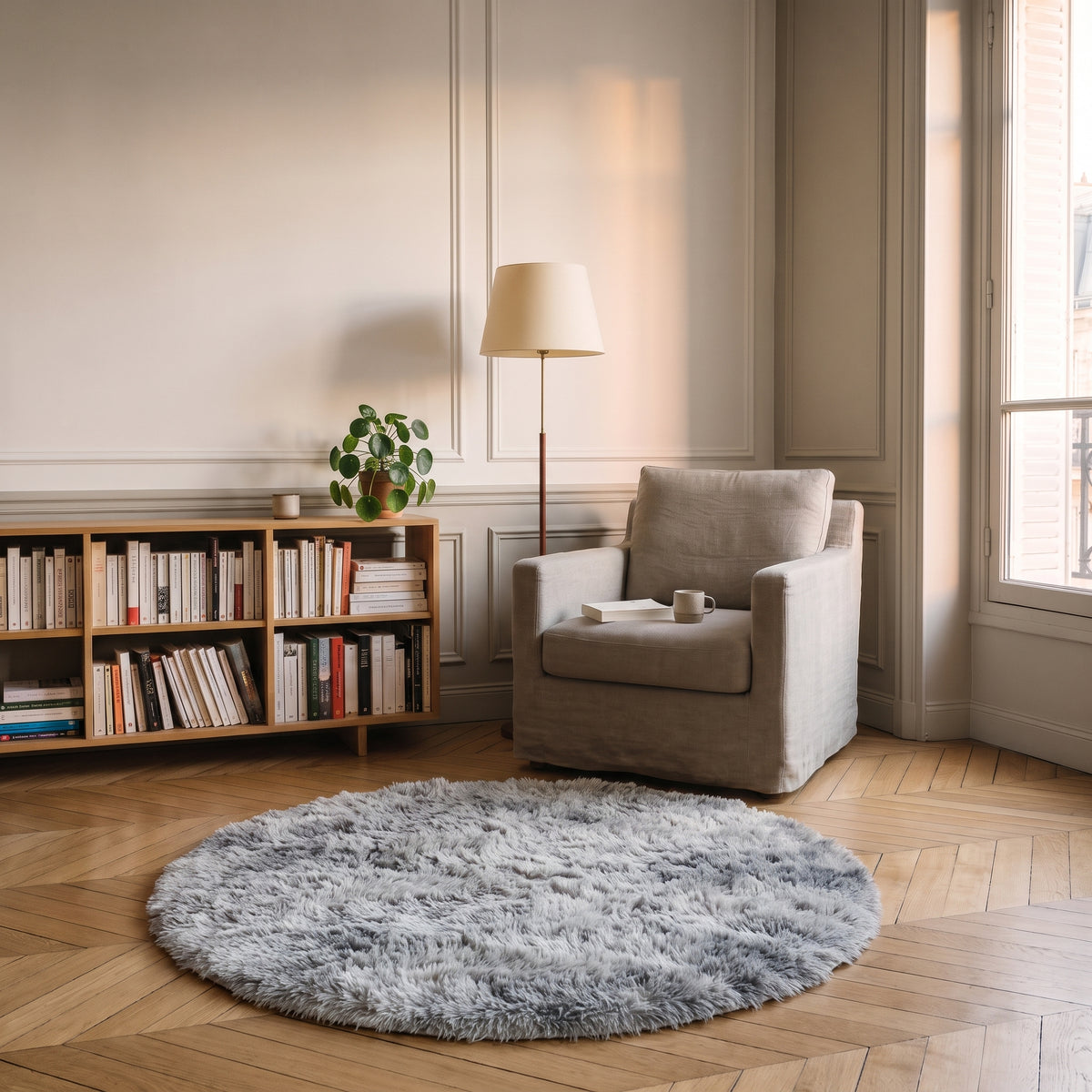 Tapis rond à poils longs coloris Gris clair, posé devant le fauteuil d'un coin lecture