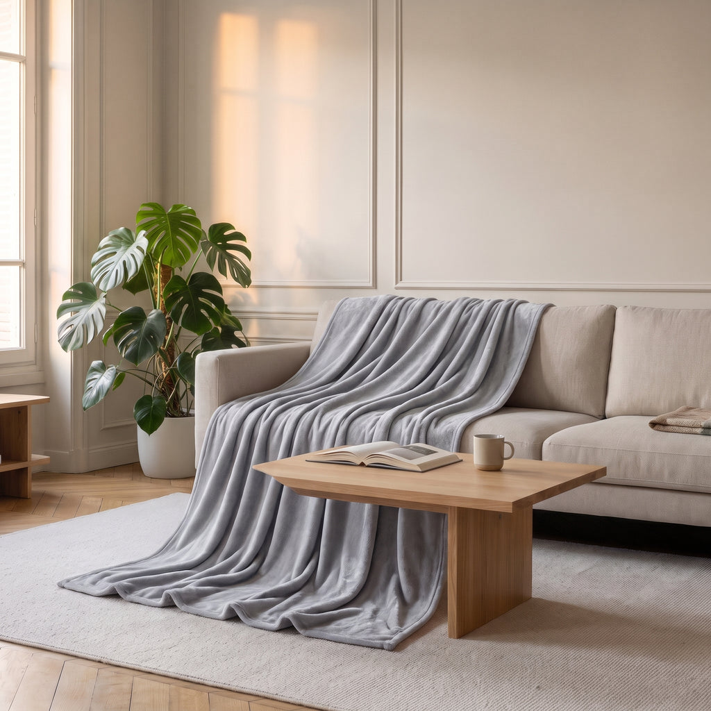 Plaid en flanelle gris clair jeté sur un canapé
