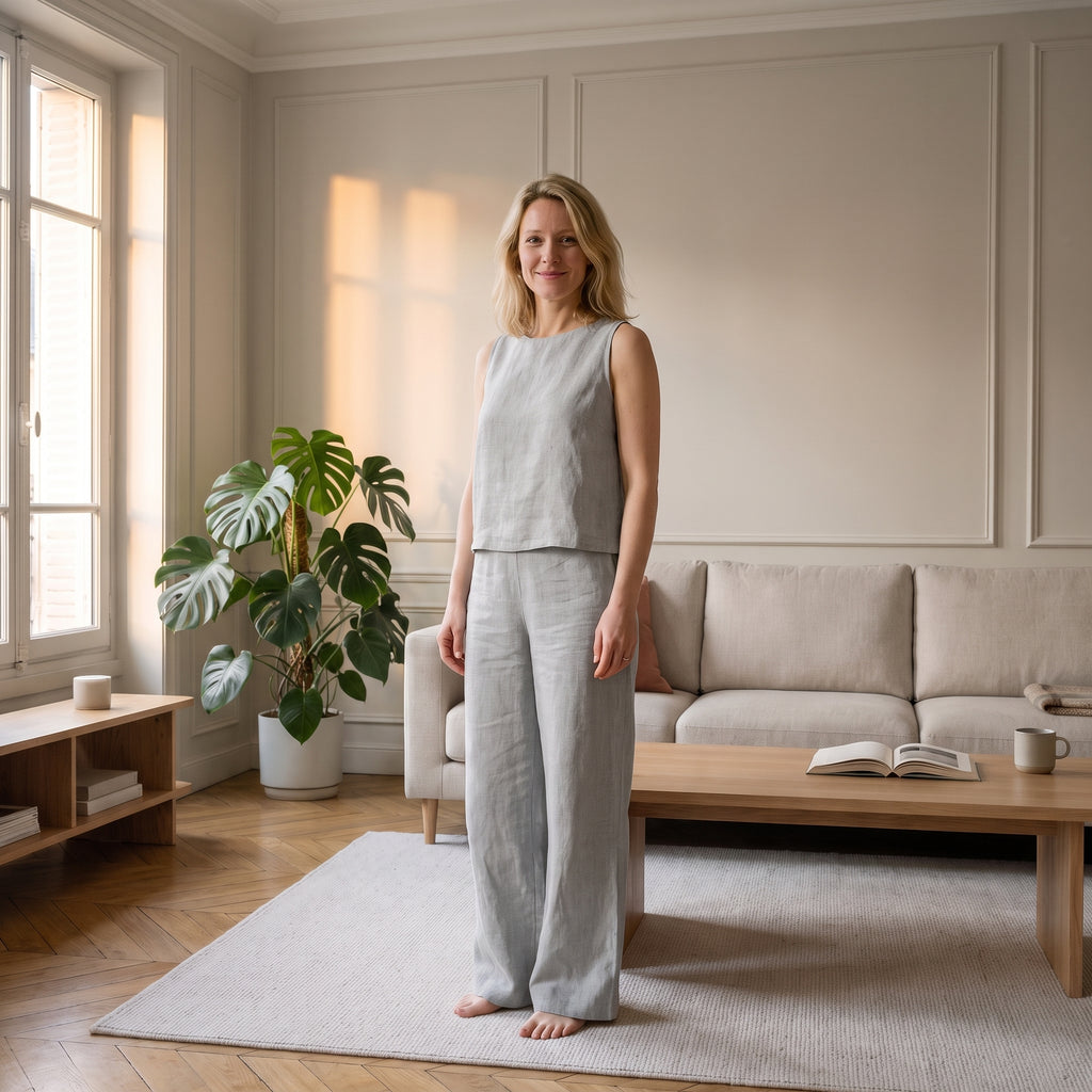 Ensemble en lin gris clair porté par une femme