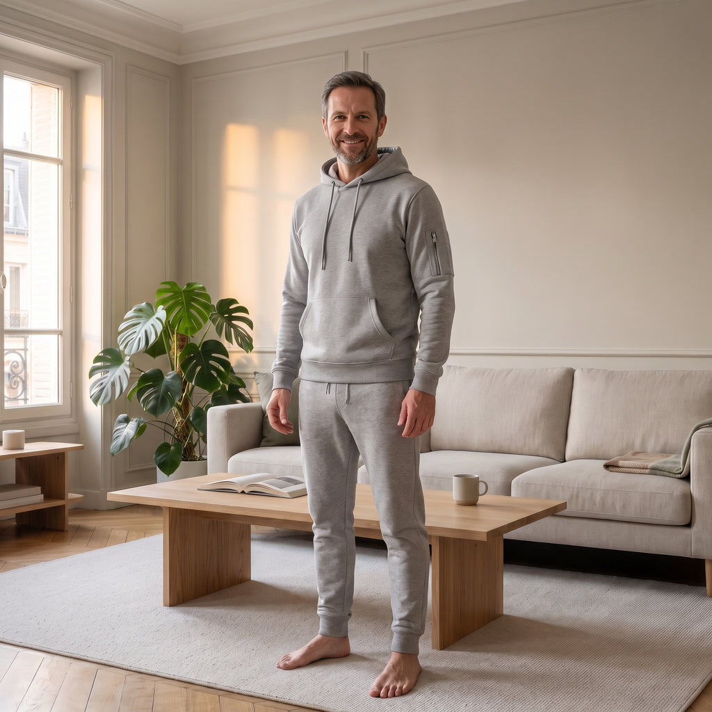 Survêtement gris clair porté par un homme