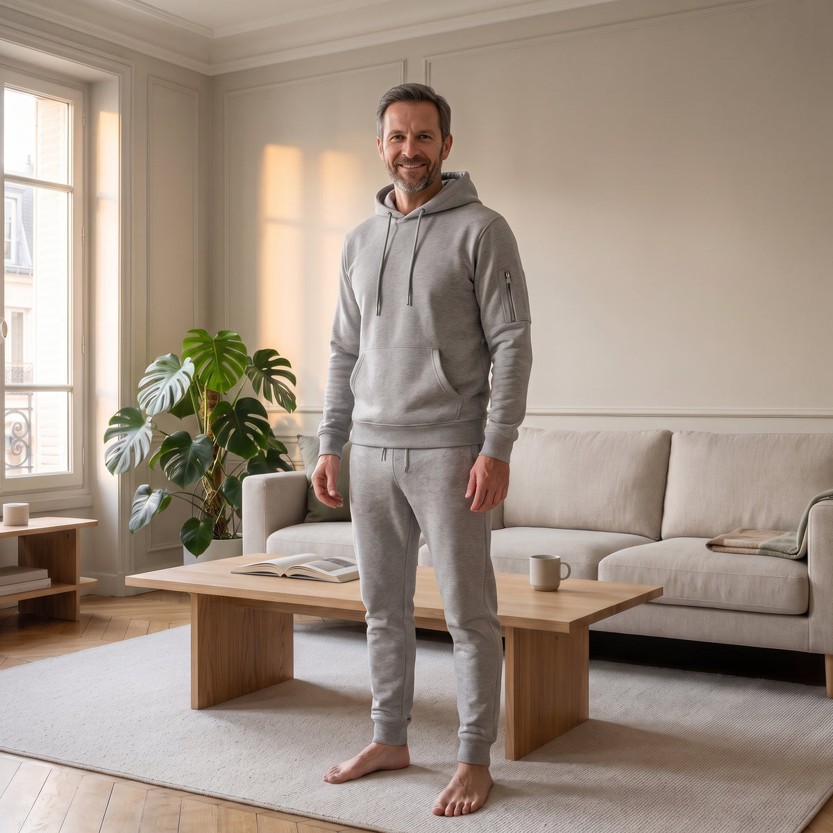 Survêtement gris clair porté par un homme