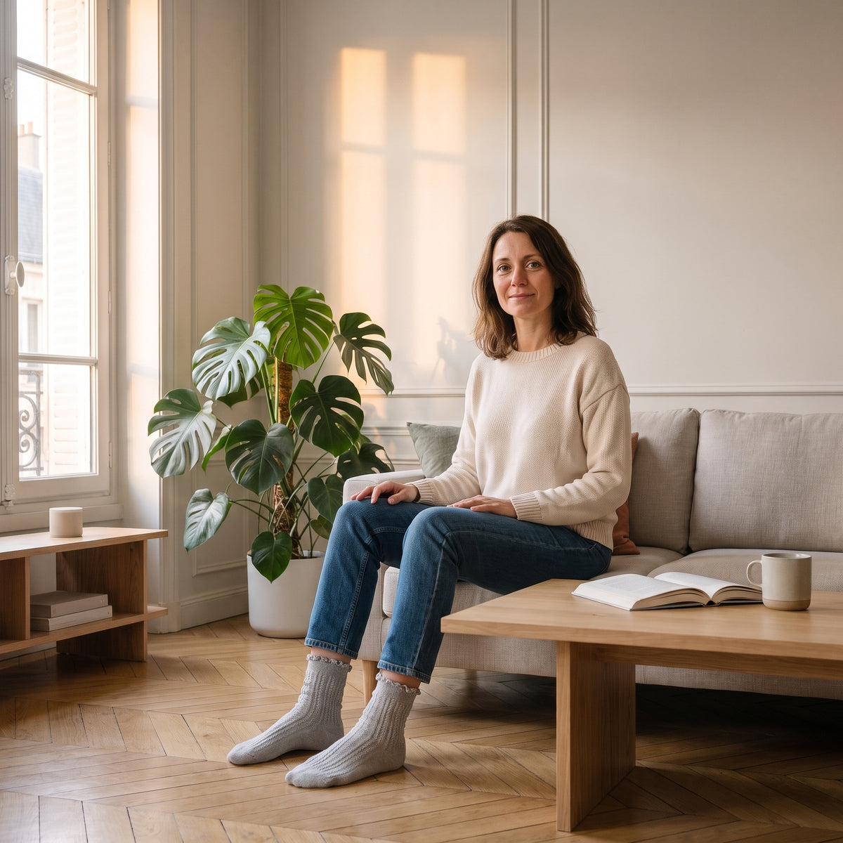 Chaussettes à volants gris clair portées