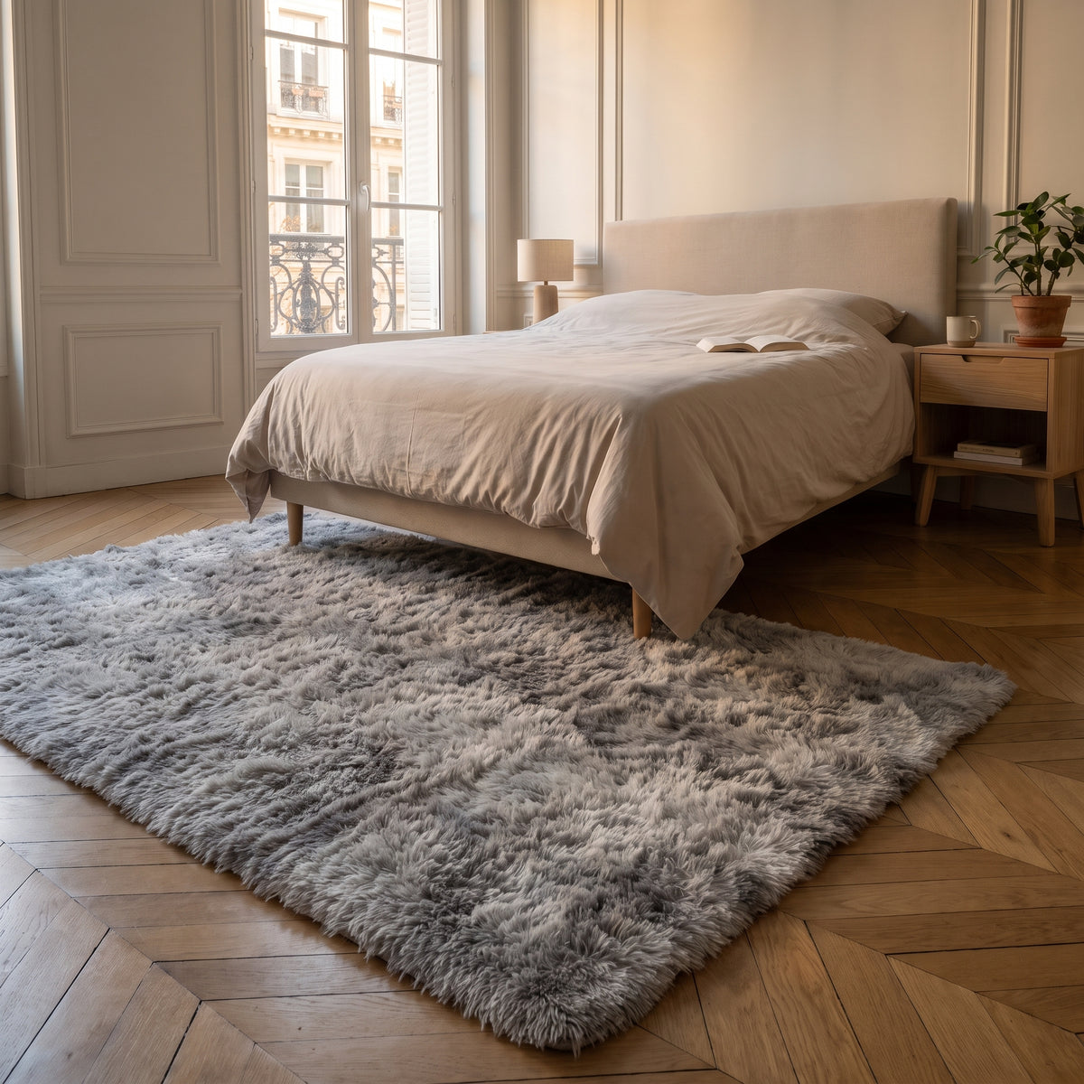 Tapis à poils longs gris clair marbré au pied du lit, le poil passe du gris pâle au gris soutenu