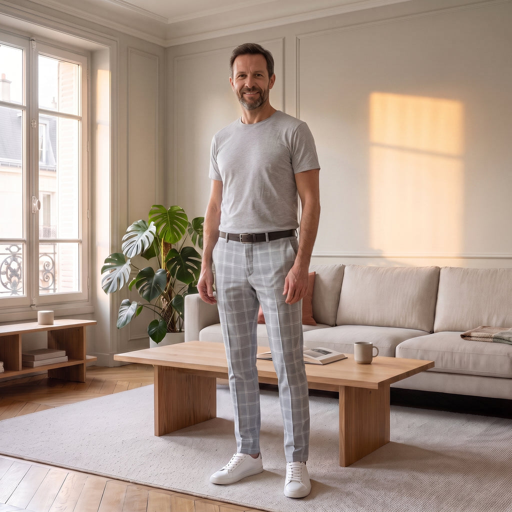 Pantalon à carreaux homme, coupe ajustée Gris clair