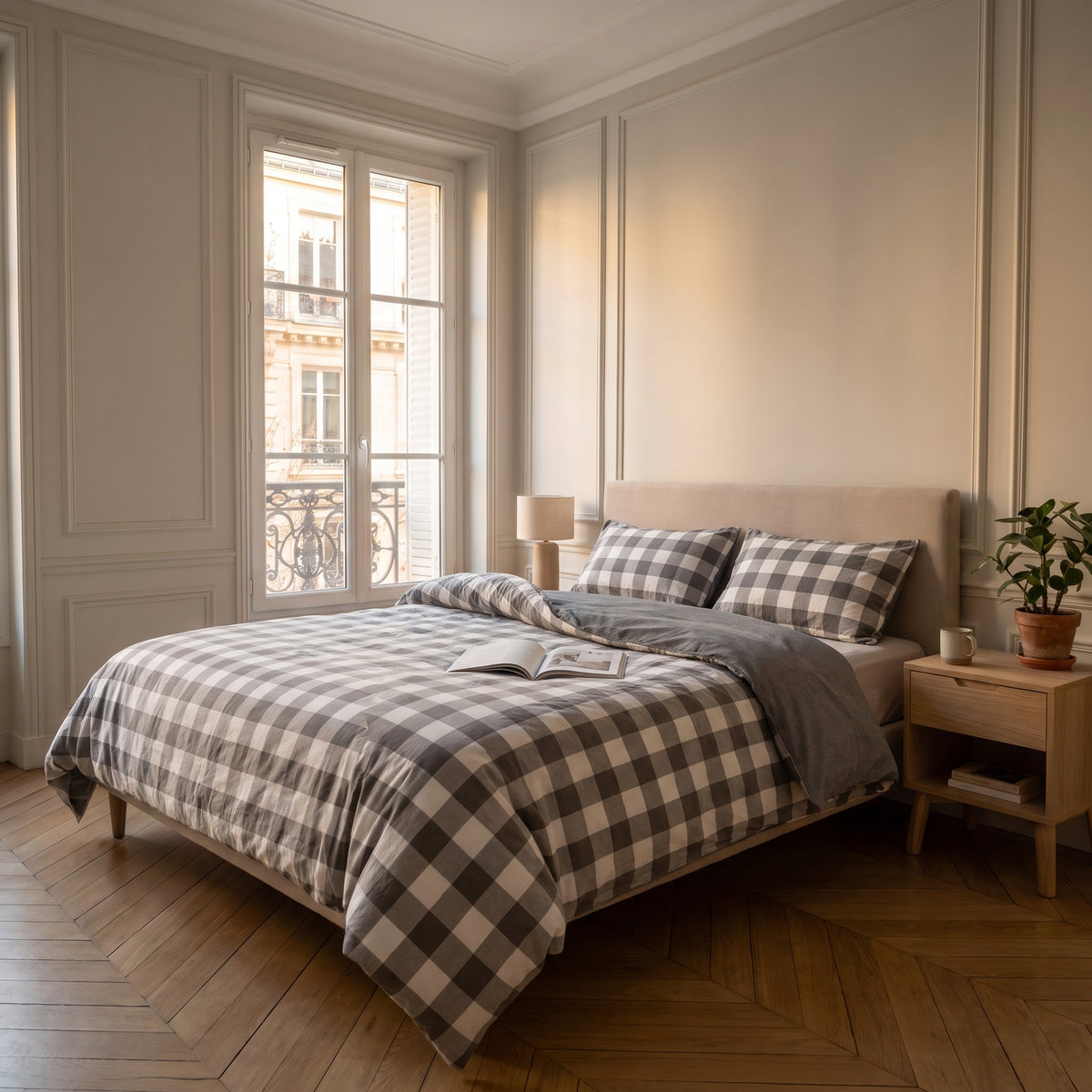 Housse de couette gris clair en coton sur un lit fait