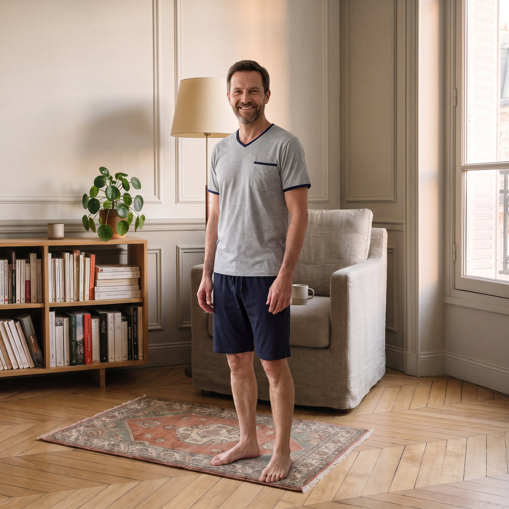 Homme portant le tee-shirt gris et le short bleu marine