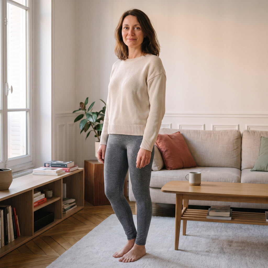 Femme portant un legging gris dans un salon