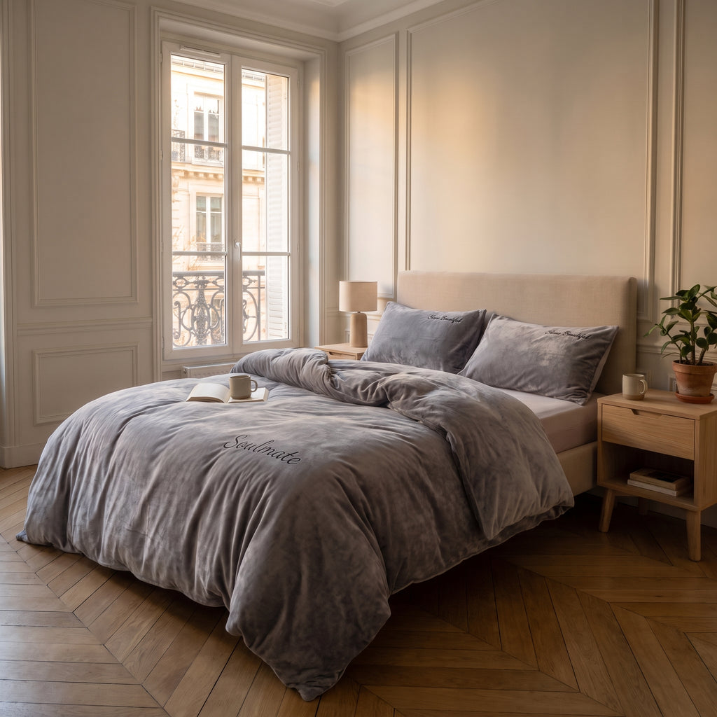 Housse de couette imitation velours gris foncé