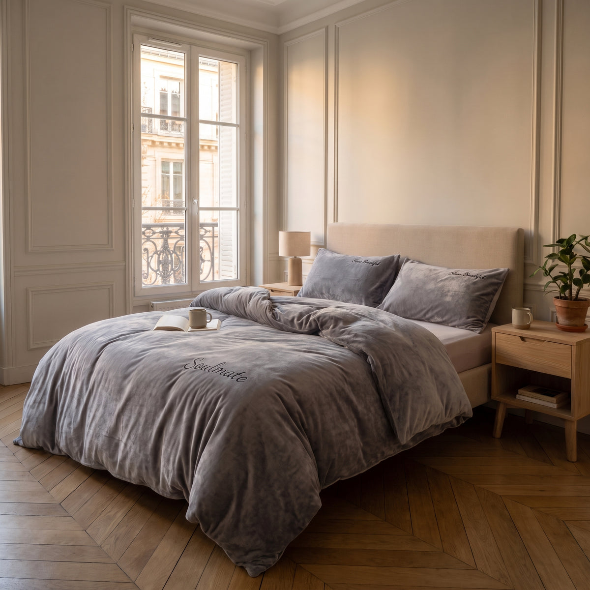 Housse de couette imitation velours gris foncé