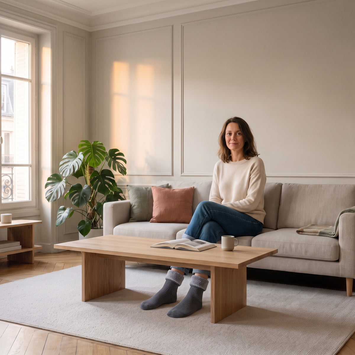 Chaussettes unies gris foncé à revers contrastant portées