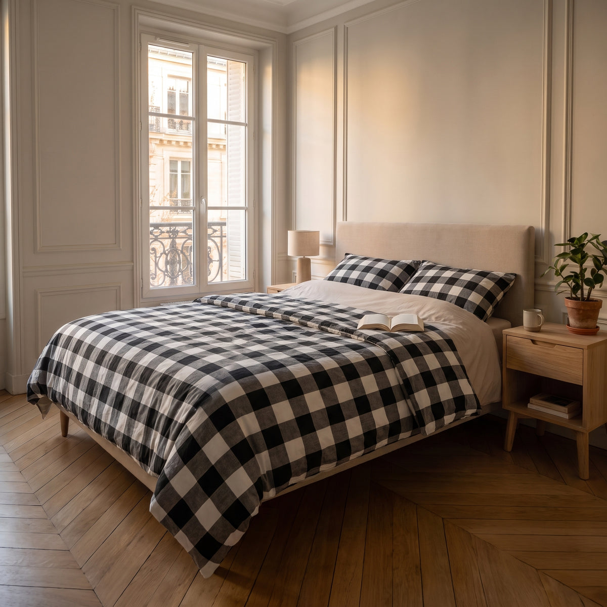 Housse de couette gris foncé en coton sur un lit fait