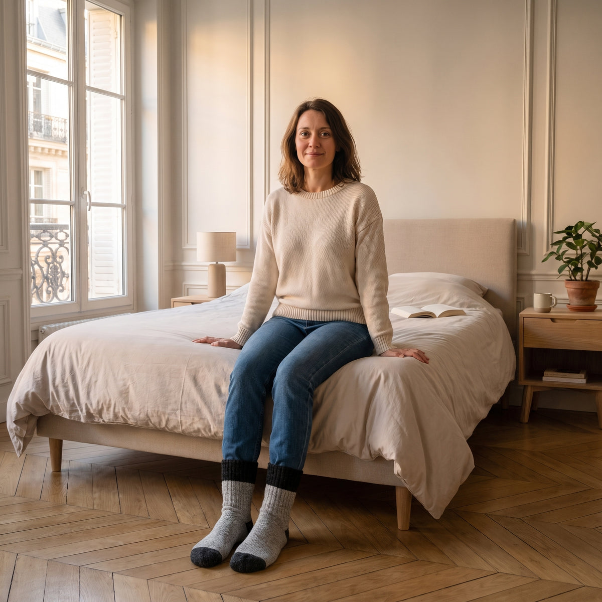 Chaussettes bicolores gris foncé en maille épaisse portées aux pieds dans une chambre