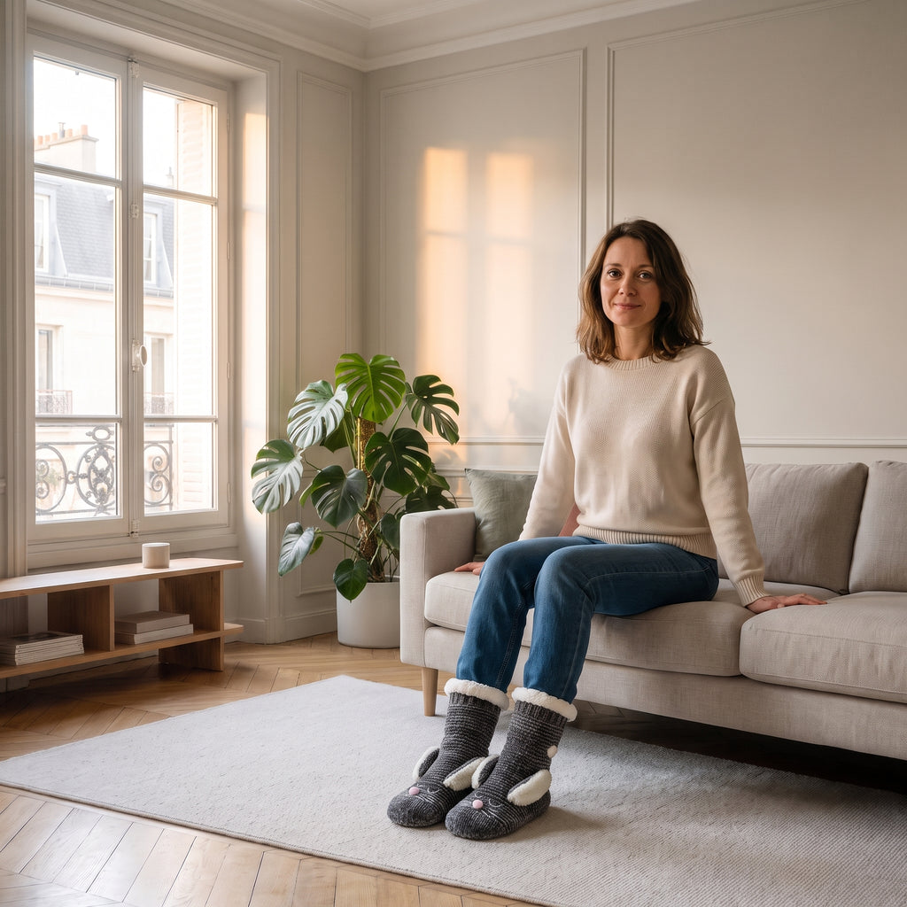Chaussettes souris antidérapantes gris foncé portées