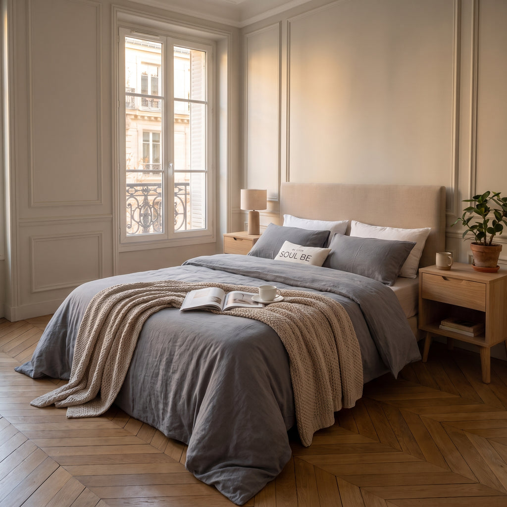 Housse de couette grise en coton sur un lit fait