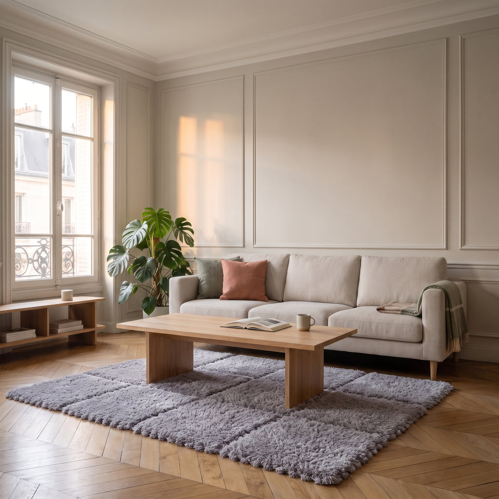 Carrés de tapis en mousse gris emboîtés devant un canapé