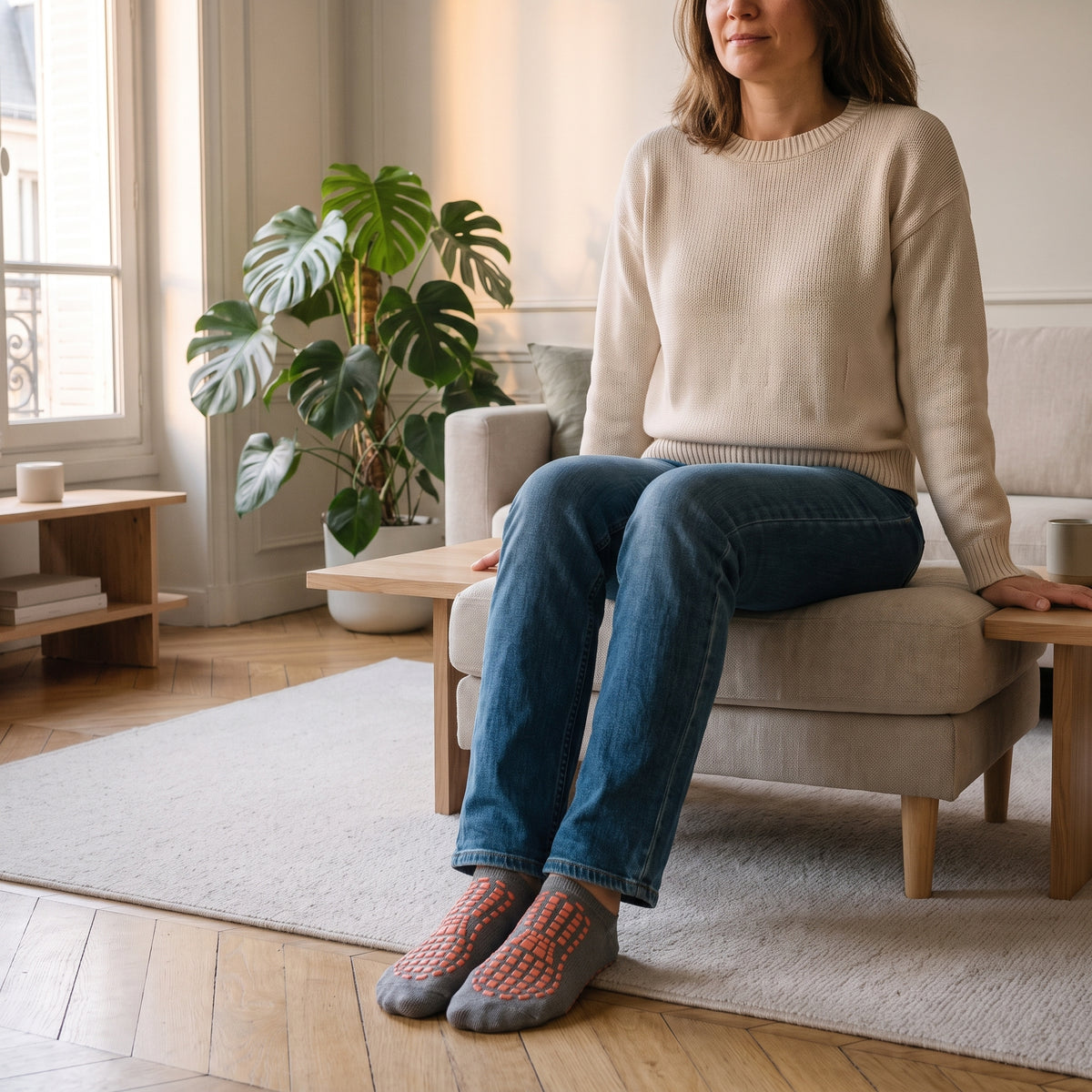 Chaussettes antidérapantes grises portées aux pieds
