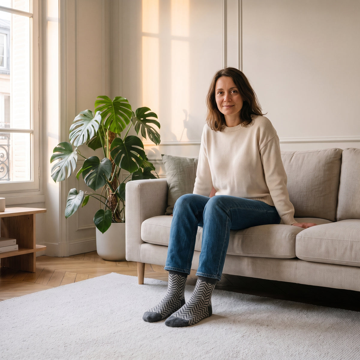 Chaussettes grises à chevrons portées aux pieds dans le salon