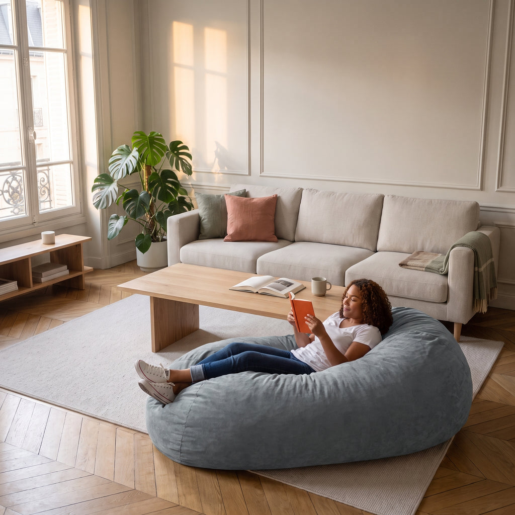 Housse de pouf immense grise posée au sol du salon