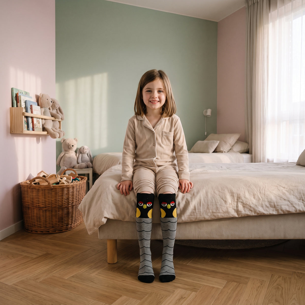 Chaussettes hautes grises à chouettes portées par une enfant