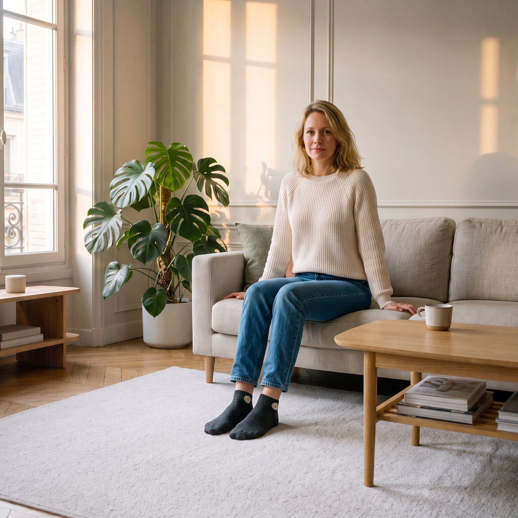 Chaussettes basses grises à marguerite brodée portées aux pieds dans le salon