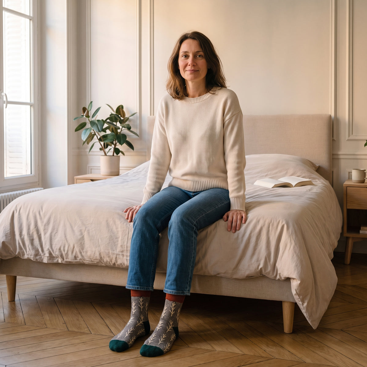 Chaussettes grises à motif feuillage portées aux pieds dans une chambre