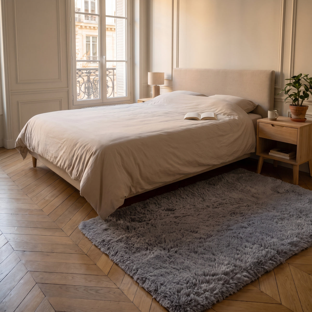 Tapis à poils longs gris uni déployé sur le parquet devant le lit