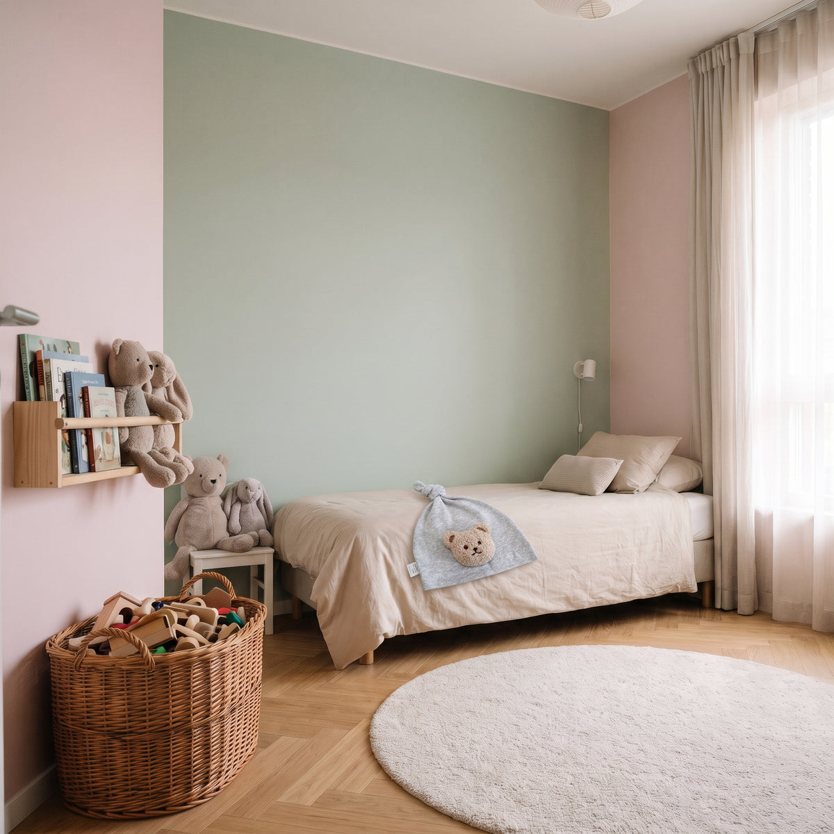 Bonnet bébé gris à ours posé sur le lit d'enfant