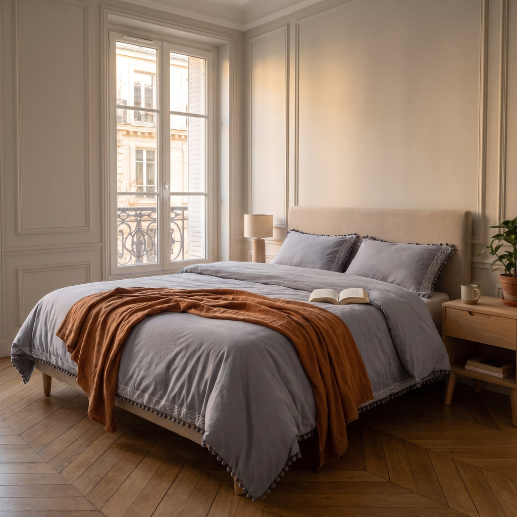 Housse de couette à pompons grise