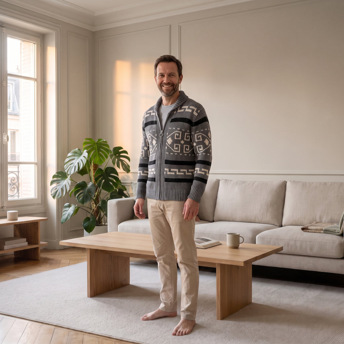 Cardigan homme gris à motifs géométriques porté dans le salon