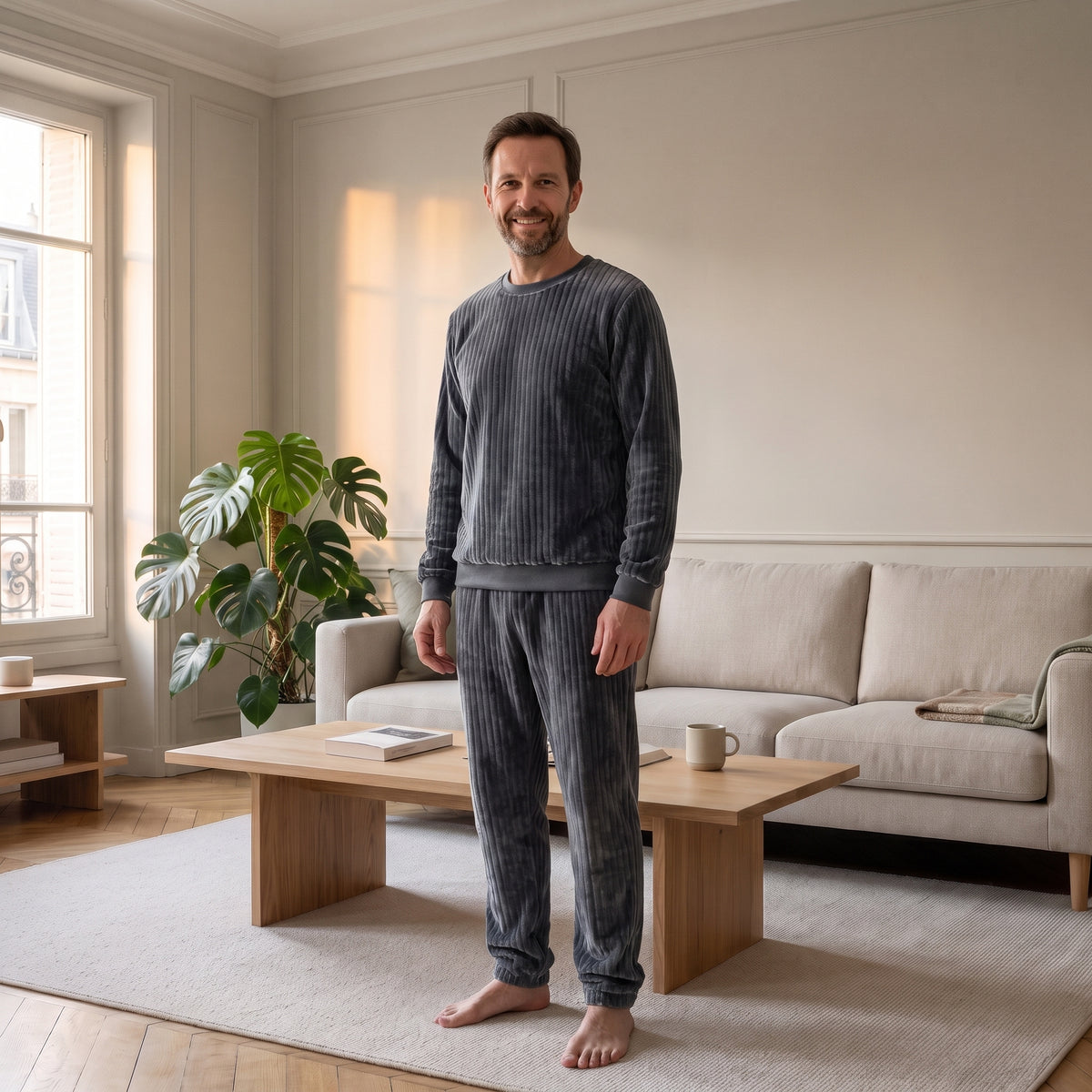 Pyjama en polaire côtelée gris porté par un homme