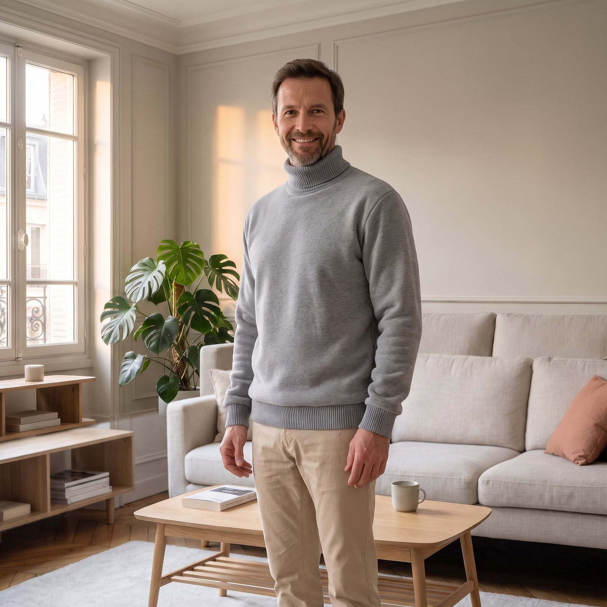 Pull col roulé polaire gris porté par un homme
