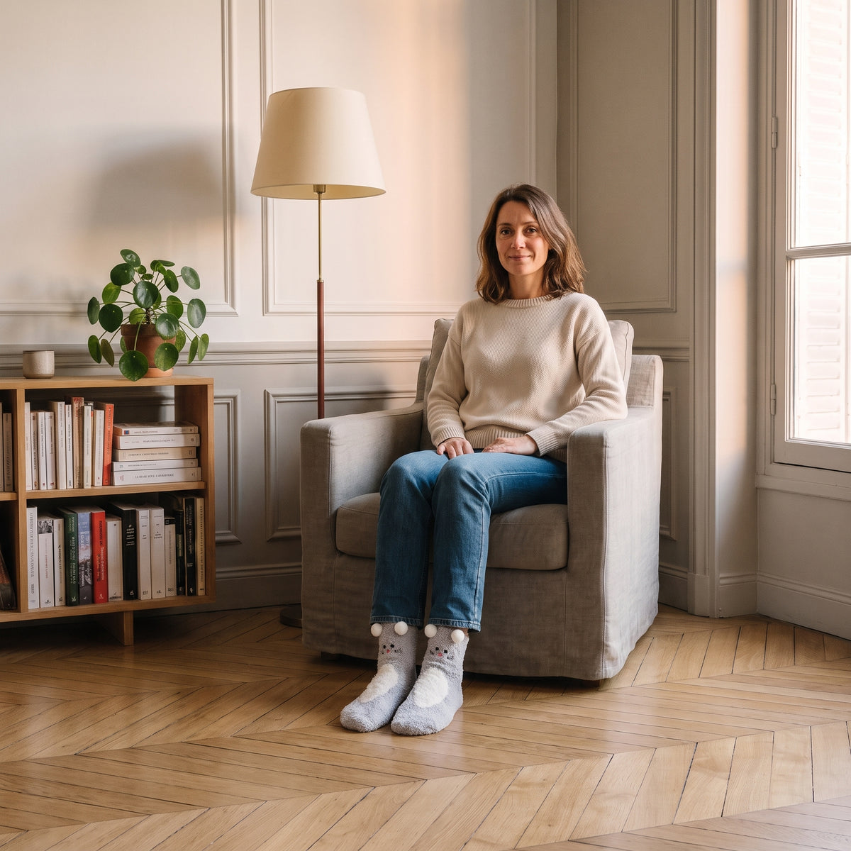 Chaussettes animaux chat gris portées aux pieds dans un coin lecture