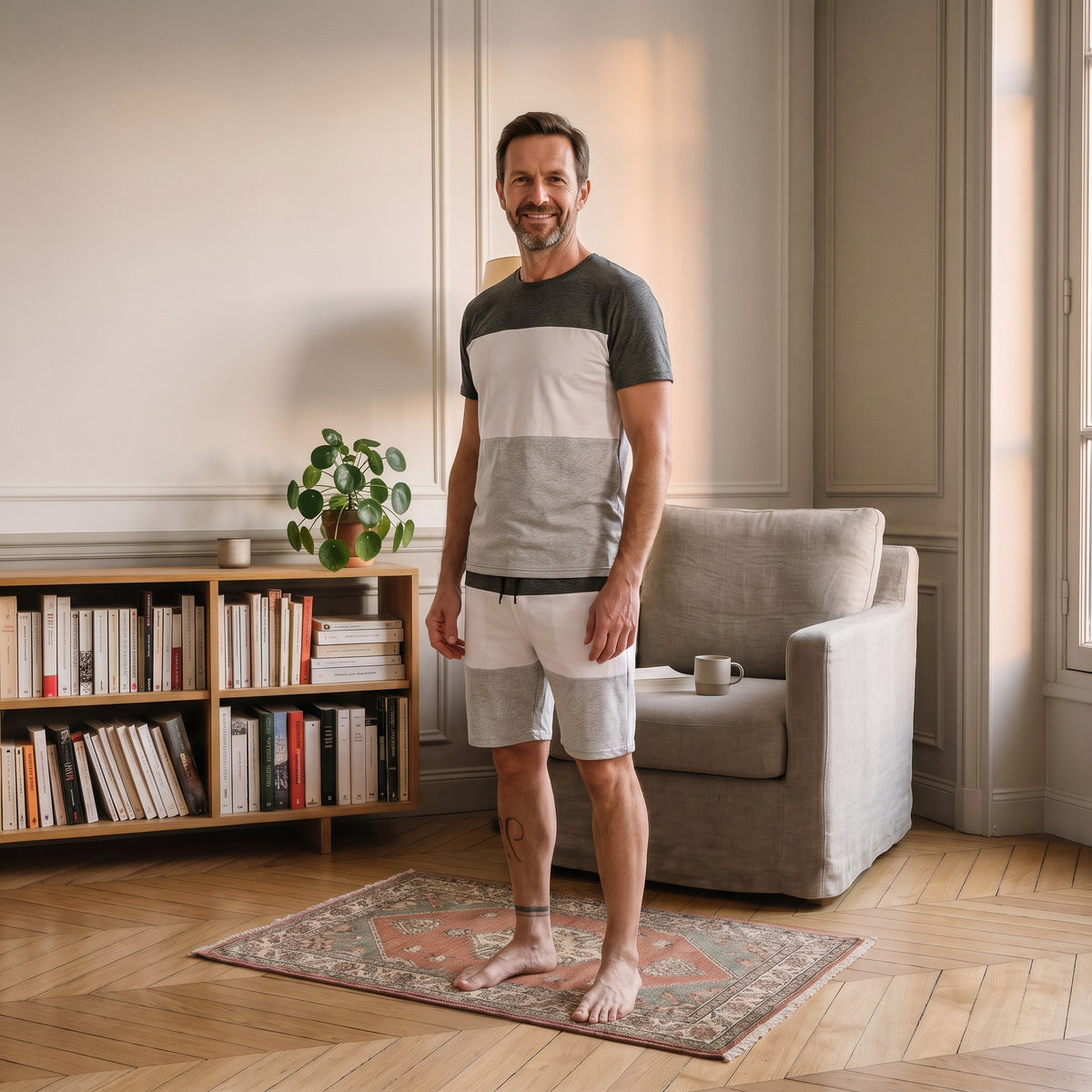 Homme portant l’ensemble court color block gris