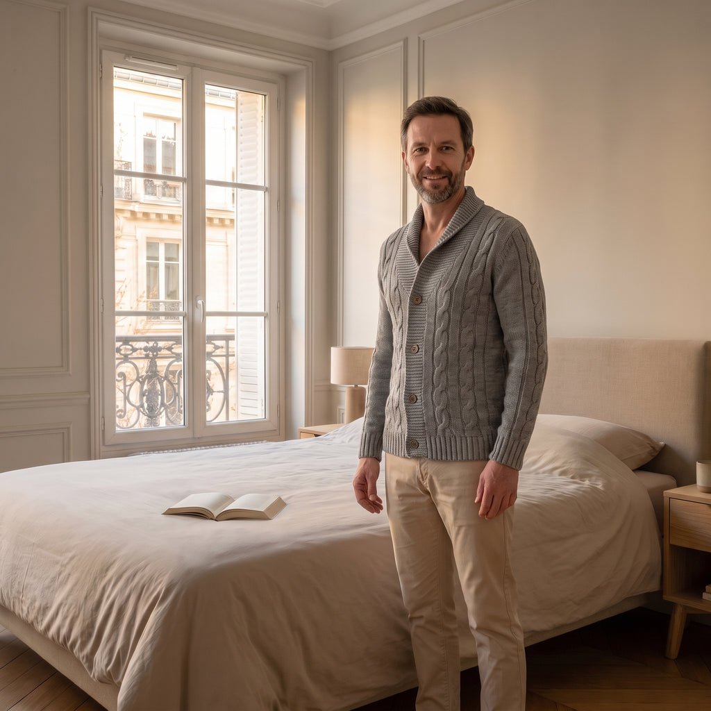 Cardigan homme gris torsadé à col châle porté dans une chambre