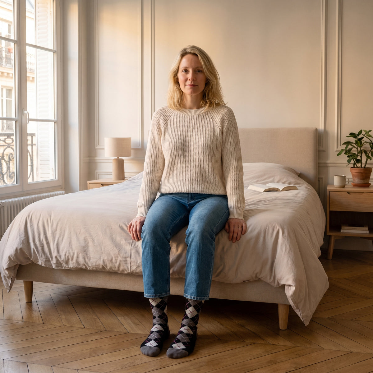 Chaussettes grises à losanges jacquard portées aux pieds dans une chambre