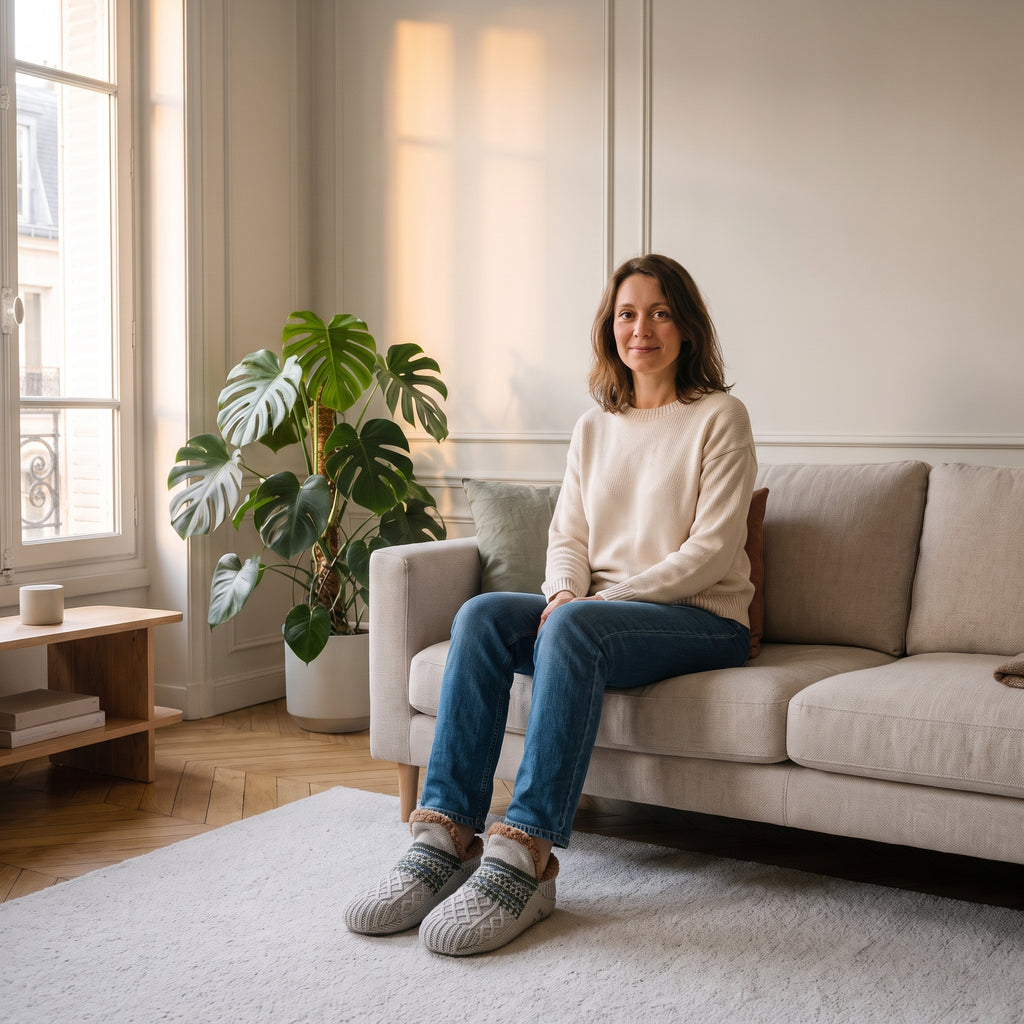 Chaussettes chaussons fourrées grises portées aux pieds