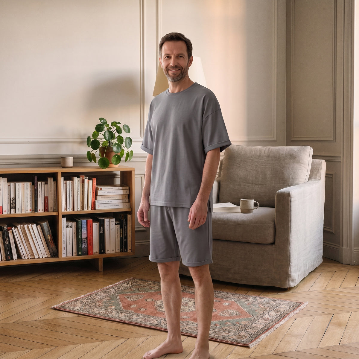 Ensemble d'été gris porté par un homme