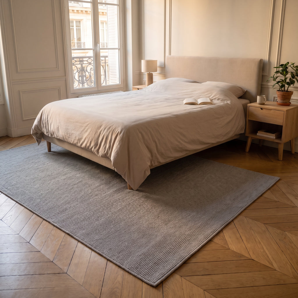 Tapis en molleton gris déplié au sol d'une chambre, devant le lit