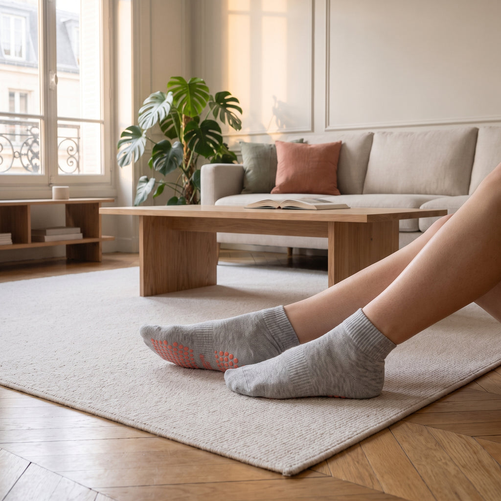 Chaussettes basses antiderapantes coloris gris, portees dans le salon